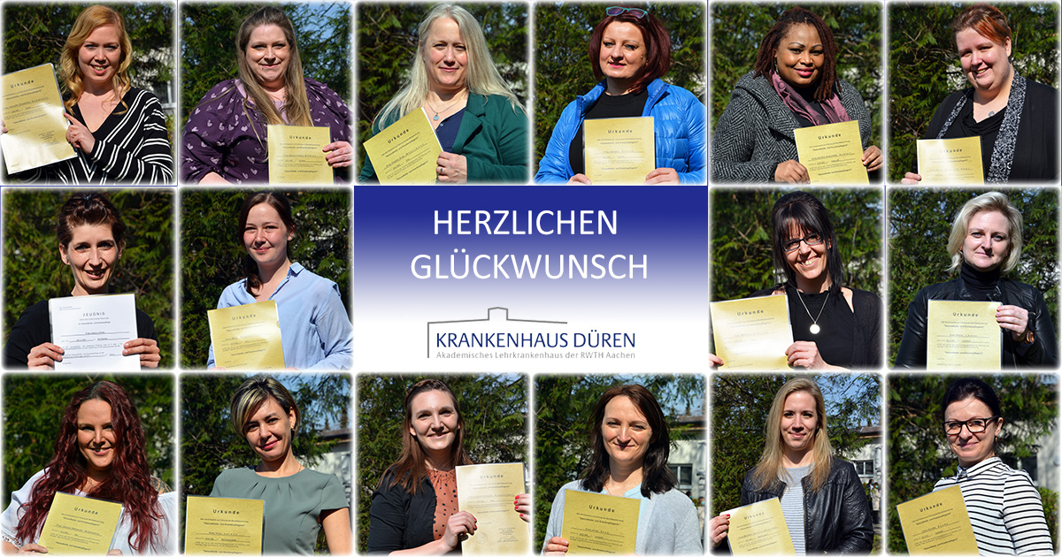 Ein etwas anderes Erinnerungsfoto: Das Krankenhaus Düren gratuliert seinen erfolgreichen Teilzeitschülerinnen zum Examen in der Gesundheits- und Krankenpflege.      Foto: Krankenhaus Düren 