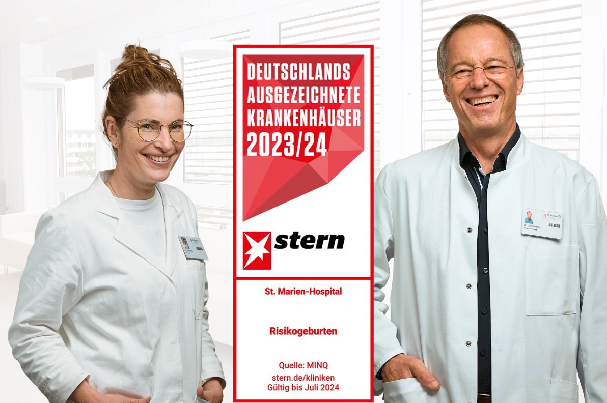 Fotos (© Tatjana Opgenorth): Arbeiten im Perinatalzentrum Level 1 eng zusammen und freuen sich auch zusammen über die Auszeichnung des stern-Magazins für den Fachbereich Risikogeburten: Oberärztin Dr. Tiana Rühl, Sektionsleitung Geburtshilfe und Pränataldiagnostik, und Dr. Ulrich Pohlmann, Chefarzt der Kinderklinik am St. Marien-Hospital Düren.