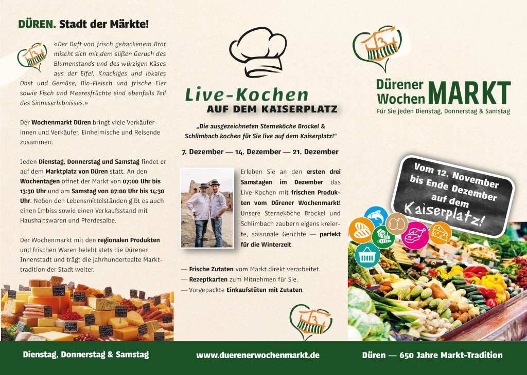 Seite 1 und Seite 2 des Flyers zum Wochenmarkt auf dem Kaiserplatz