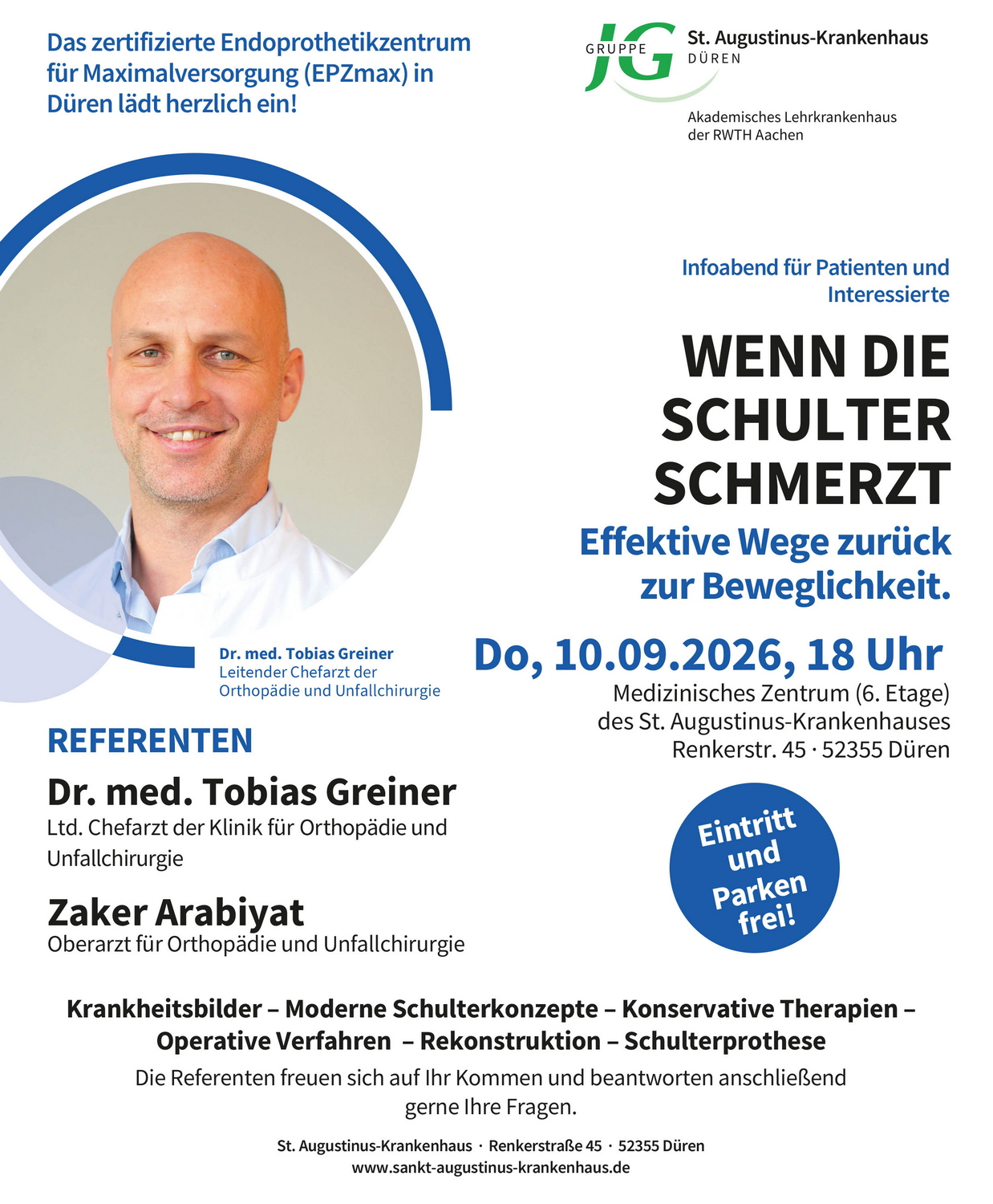 Chefarzt Dr. med. Tobias Greiner und Oberarzt Zaker Arabiyat informieren am 10. September 2026 über moderne Therapien von der konservativen Behandlung bis zur Schulterprothese