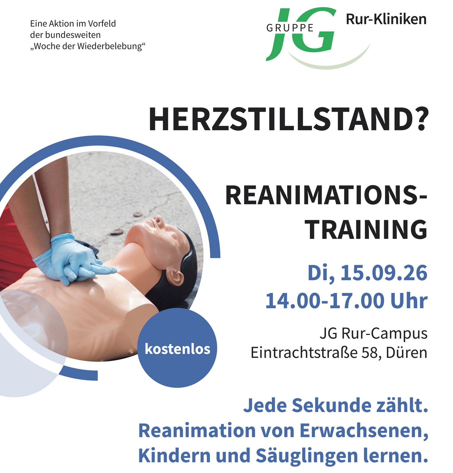 Experten aus Anästhesie, Intensivmedizin und Kinderklinik laden anlässlich der Woche der Wiederbelebung zum kostenlosen Reanimationstraining am 15. September in den JG Rur-Campus ein 